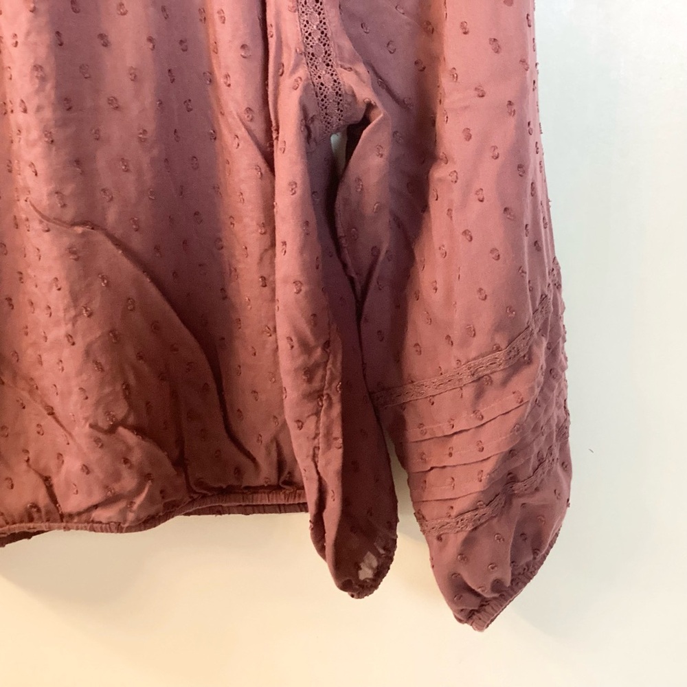 Lucky Brand Long Sleeve Swiss Dot Bubble Hem Peasant Top - Rose Brown - L - Picture 8 of 10